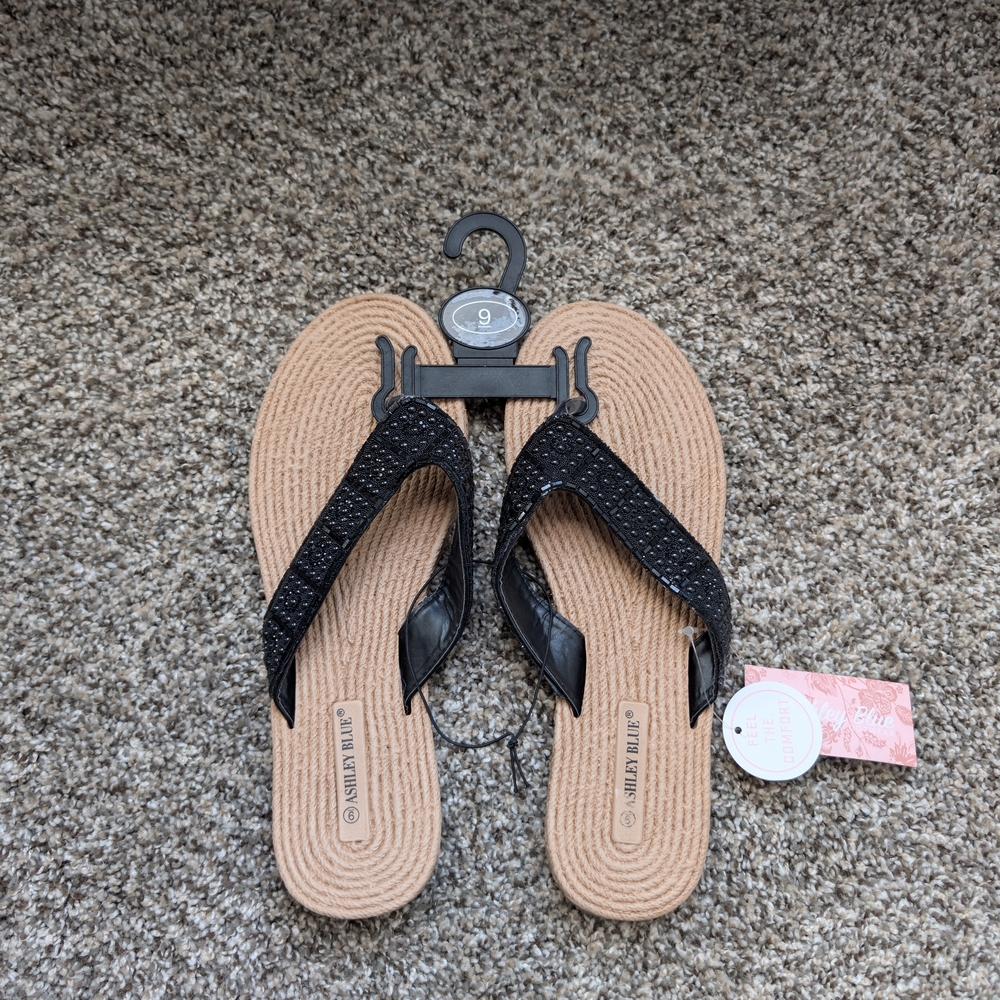 Ashley Blue Black Strappy Sandals with Tan Sole
